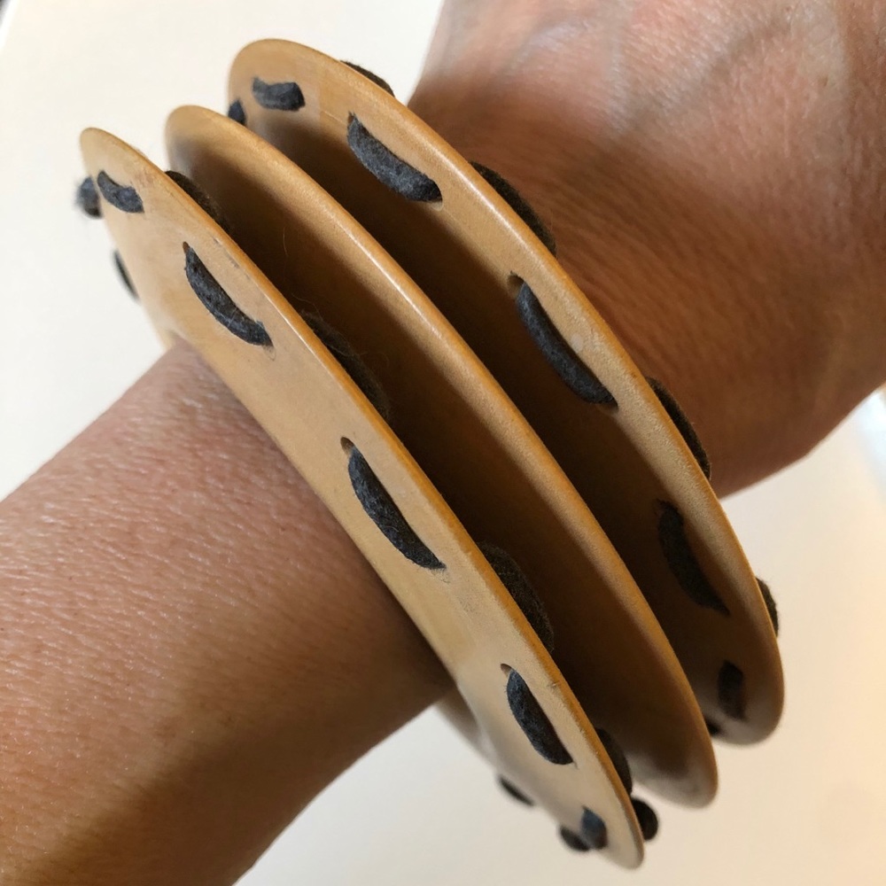 3 Wood Flat Disc Bangles - 2 w/ Leather Lacing